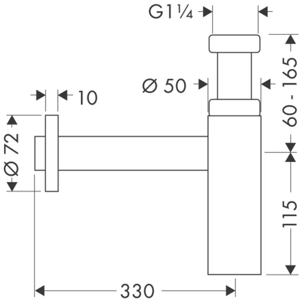 Schematische Darstellung eines Designsiphons von AXOR mit verschiedenen Maßangaben, einschließlich Durchmessern und Längen, zur Installation in Sanitäranlagen.